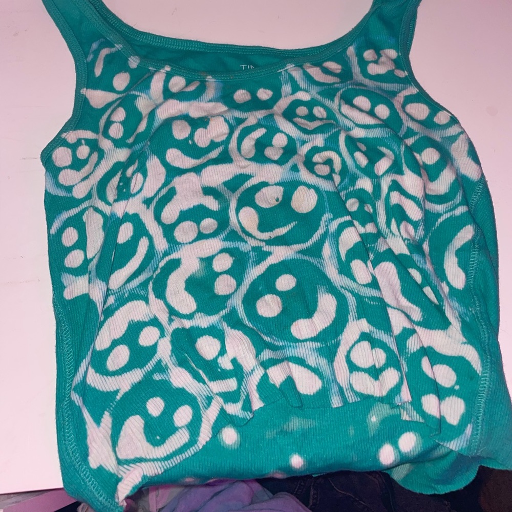 Handmade tie dye smiley teal tank top